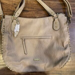 Jessica Simpson Beige/Taupe Shoulder Tote with Feather Charm